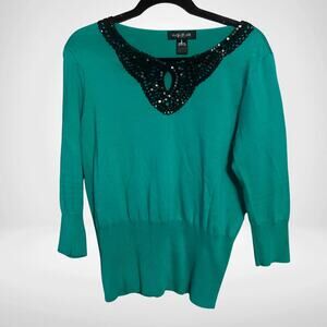 August Silk Women's Green Knit Sweater, Black Sequin Collar & 3/4 Sleeves, Large